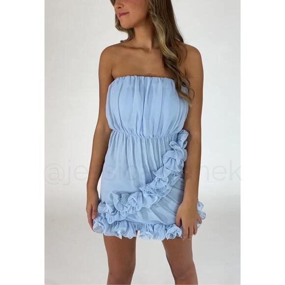 NEW Strapless Frilly Ruffled Trim Ruched Back Mini Cocktail Dress Baby Blue - M - Picture 4 of 6